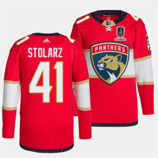 Men's Florida Panthers #41 Anthony Stolarz Red Home 2024 Stanley Cup Champions Stitched Jersey