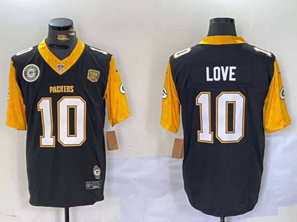Men's Green Bay Packers #10 Jordan Love Black White Gold 2024 F.U.S.E. Home Patch Vapor Untouchable Limited Stitched Jerseys