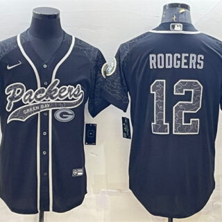 Men's Green Bay Packers #12 Aaron Rodgers Black Reflective With Patch Cool Base Stitched Baseball Jersey