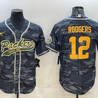 Men's Green Bay Packers #12 Aaron Rodgers Grey Gold Camo With Patch Cool Base Stitched Baseball Jersey