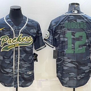 Men's Green Bay Packers #12 Aaron Rodgers Grey Green Camo With Patch Cool Base Stitched Baseball Jersey