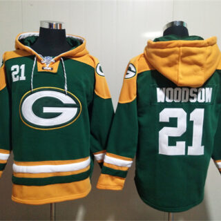 Men's Green Bay Packers #21 Charles Woodson Green Lace-Up Pullover Hoodie