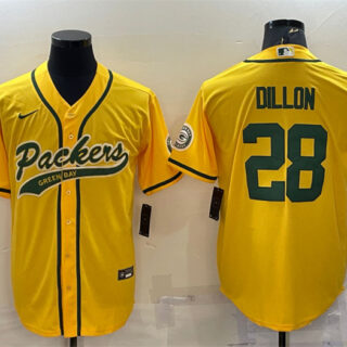 Men's Green Bay Packers #28 A.J. Dillon Gold With Patch Cool Base Stitched Baseball Jersey
