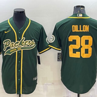 Men's Green Bay Packers #28 A.J. Dillon Green Gold With Patch Cool Base Stitched Baseball Jersey