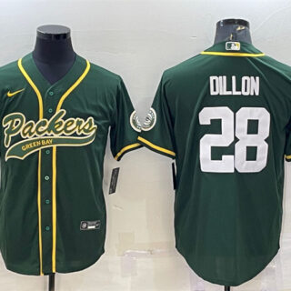 Men's Green Bay Packers #28 A.J. Dillon Green With Patch Cool Base Stitched Baseball Jersey
