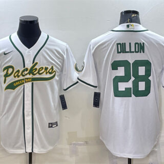 Men's Green Bay Packers #28 A.J. Dillon White With Patch Cool Base Stitched Baseball Jersey