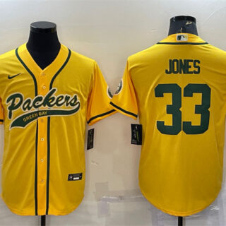 Men's Green Bay Packers #33 Aaron Jones Gold With Patch Cool Base Stitched Baseball Jersey