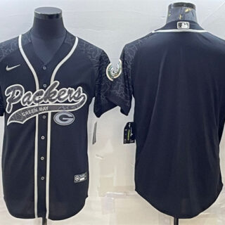 Men's Green Bay Packers Blank Black Reflective With Patch Cool Base Stitched Baseball Jersey