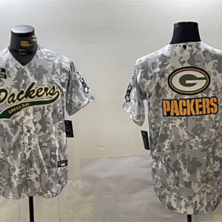 Men's Green Bay Packers Team Big Logo 2024 Arctic Camo Salute To Service Stitched Baseball Jersey