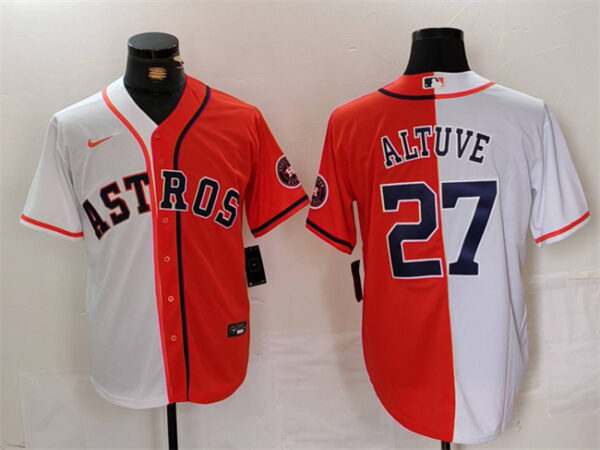 Men's Houston Astros #27 Jose Altuve White Orange Split With Patch Cool Base Stitched Baseball Jersey