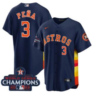 Men's Houston Astros #3 Jeremy Pena Navy 2022 World Series Champions Cool Base With No. In Front Stitched Baseball Jersey
