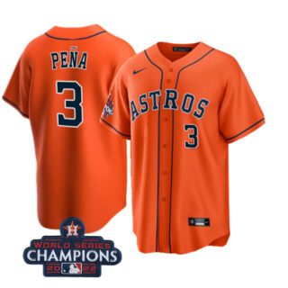 Men's Houston Astros #3 Jeremy Pena Orange 2022 World Series Champions Cool Base With No. In Front Stitched Baseball Jersey