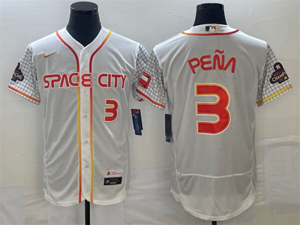 Men's Houston Astros #3 Jeremy Peña White With 2022 World Serise Champions Patch Stitched Baseball Jersey