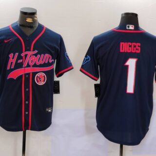 Men's Houston Texans #1 Stefon Diggs Navy With Patch Cool Base Stitched Baseball Jerseys