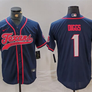 Men's Houston Texans #1 Stefon Diggs Navy With Patch Cool Base Stitched Baseball Jersey