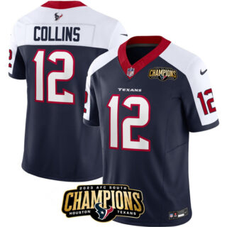 Men's Houston Texans #12 Nico Collins Navy White 2023 F.U.S.E. AFC South Champions Patch Limited Stitched Football Jersey