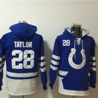 Men's Indianapolis Colts #28 Jonathan Taylor Blue White Ageless Must-Have Lace-Up Pullover Hoodie
