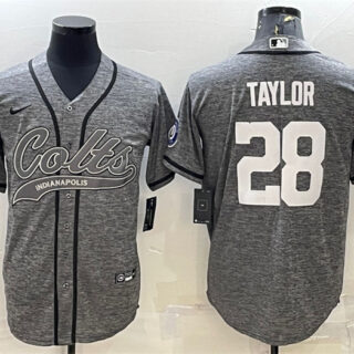 Men's Indianapolis Colts #28 Jonathan Taylor Grey With Patch Cool Base Stitched Baseball Jersey