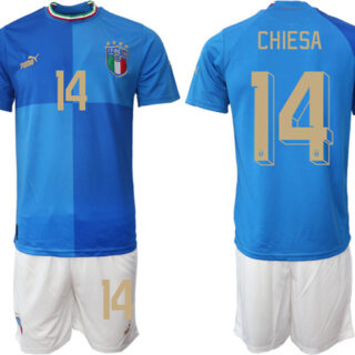 Men's Italy #14 Chiesa Blue Home Soccer Jersey Suit