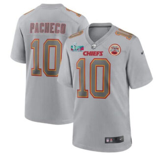 Men's Kansas City Chiefs #10 Isiah Pacheco Grey With Left A Patch Right Super Bowl LVII Patch Atmosphere Fashion Stitched Game Jersey