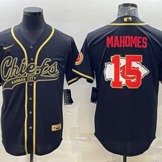 Men's Kansas City Chiefs #15 Patrick Mahomes Black Gold Team Big Logo With Patch Cool Base Stitched Baseball Jersey