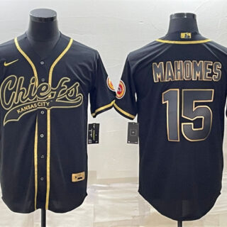 Men's Kansas City Chiefs #15 Patrick Mahomes Black Gold With Patch Cool Base Stitched Baseball Jersey