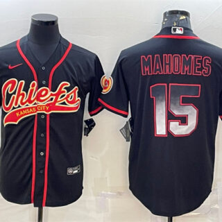 Men's Kansas City Chiefs #15 Patrick Mahomes Black Red With Patch Cool Base Stitched Baseball Jersey