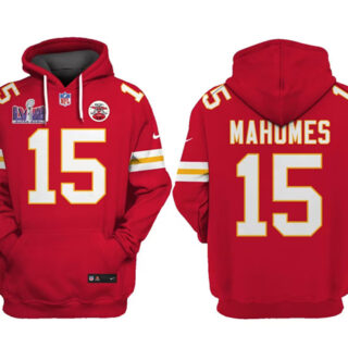 Men's Kansas City Chiefs #15 Patrick Mahomes Red Super Bowl LVIII Patch Pullover Hoodie