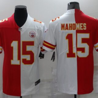 Men's Kansas City Chiefs #15 Patrick Mahomes Red White Split Vapor Limited Stitched Jersey