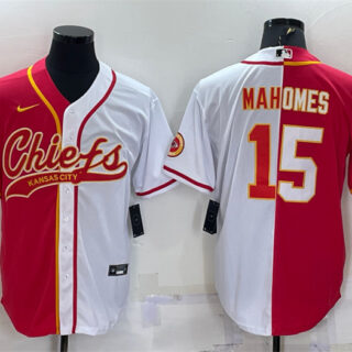 Men's Kansas City Chiefs #15 Patrick Mahomes Red White Split With Patch Cool Base Stitched Baseball Jersey