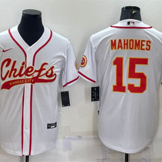Men's Kansas City Chiefs #15 Patrick Mahomes White With Patch Cool Base Stitched Baseball Jersey
