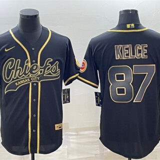 Men's Kansas City Chiefs #87 Travis Kelce Black Gold With Patch Cool Base Stitched Baseball Jersey