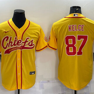 Men's Kansas City Chiefs #87 Travis Kelce Gold With Patch Cool Base Stitched Baseball Jersey