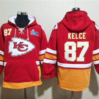 Men's Kansas City Chiefs #87 Travis Kelce Red Super Bowl Lace-Up Pullover Hoodie
