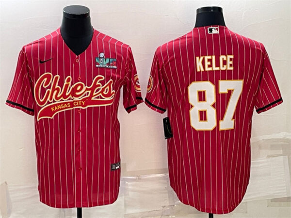 Men's Kansas City Chiefs #87 Travis Kelce Red With Super Bowl LVII Patch Cool Base Stitched Baseball Jersey