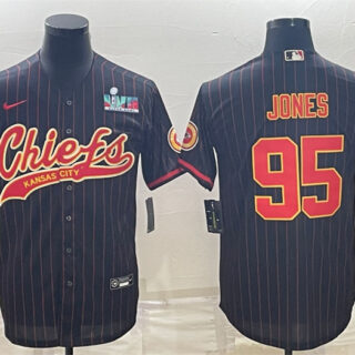 Men's Kansas City Chiefs #95 Chris Jones Black With Super Bowl LVII Patch Cool Base Stitched Baseball Jerseys