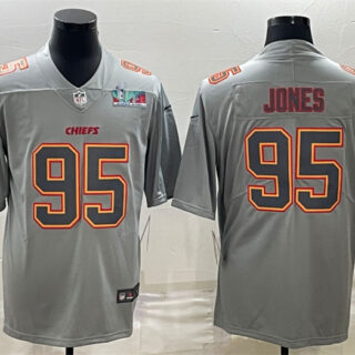 Men's Kansas City Chiefs #95 Chris Jones Gray Super Bowl LVII Patch Atmosphere Fashion Stitched Jersey