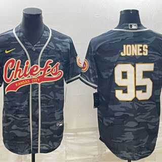 Men's Kansas City Chiefs #95 Chris Jones Grey Camo With Patch Cool Base Stitched Baseball Jersey