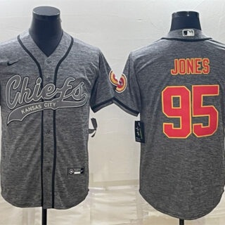 Men's Kansas City Chiefs #95 Chris Jones Grey With Patch Cool Base Stitched Baseball Jersey