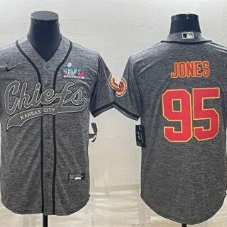 Men's Kansas City Chiefs #95 Chris Jones Grey With Super Bowl LVII Patch Cool Base Stitched Baseball Jersey