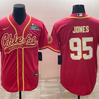 Men's Kansas City Chiefs #95 Chris Jones Red With Super Bowl LVII Patch Cool Base Stitched Baseball Jersey