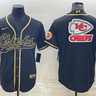 Men's Kansas City Chiefs Black Gold Team Big Logo With Patch Cool Base Stitched Baseball Jersey