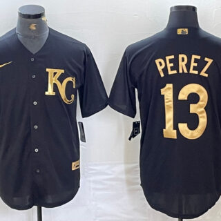 Men's Kansas City Royals #13 Salvador Perez Black Gold Cool Base Stitched Jersey