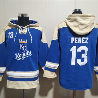 Men's Kansas City Royals #13 Salvador Perez Blue Ageless Must-Have Lace-Up Pullover Hoodie
