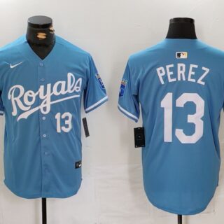 Men's Kansas City Royals #13 Salvador Perez Light Blue Cool Base Stitched Jerseys