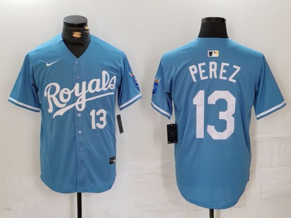 Men's Kansas City Royals #13 Salvador Perez Light Blue Cool Base Stitched Jerseys