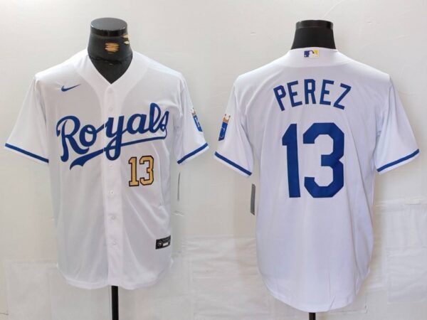Men's Kansas City Royals #13 Salvador Perez White Cool Base Stitched Jerseys