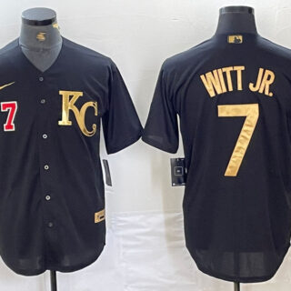 Men's Kansas City Royals #7 Bobby Witt Jr. Black Cool Base Stitched Jersey 3