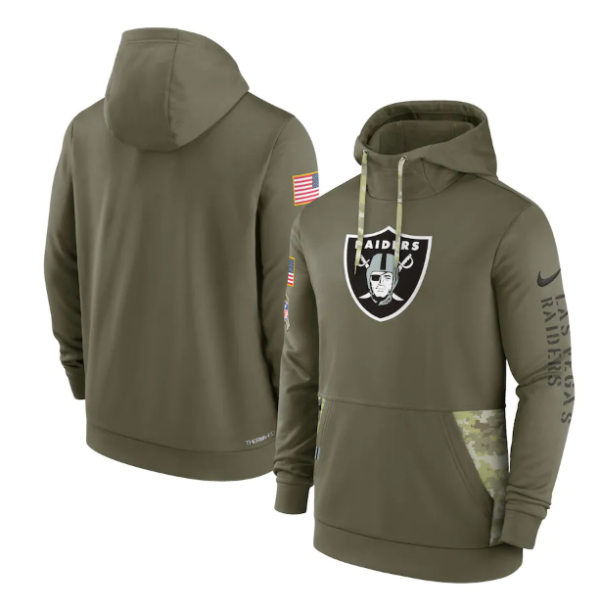 Men's Las Vegas Raiders 2022 Olive Salute To Service Therma Performance Pullover Hoodie