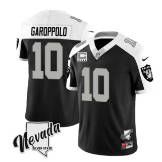 Men's Las Vegas Raiders #10 Jimmy Garoppolo Black White 2023 F.U.S.E Nevada Silver Stat With 4-Star C Patch Stitched Football Jersey